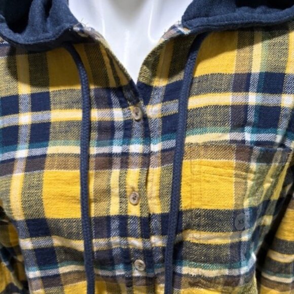 American Eagle AE Cropped Flannel Hooded Shirt Top XS Mustard Yellow Blue Brown - Picture 4 of 11